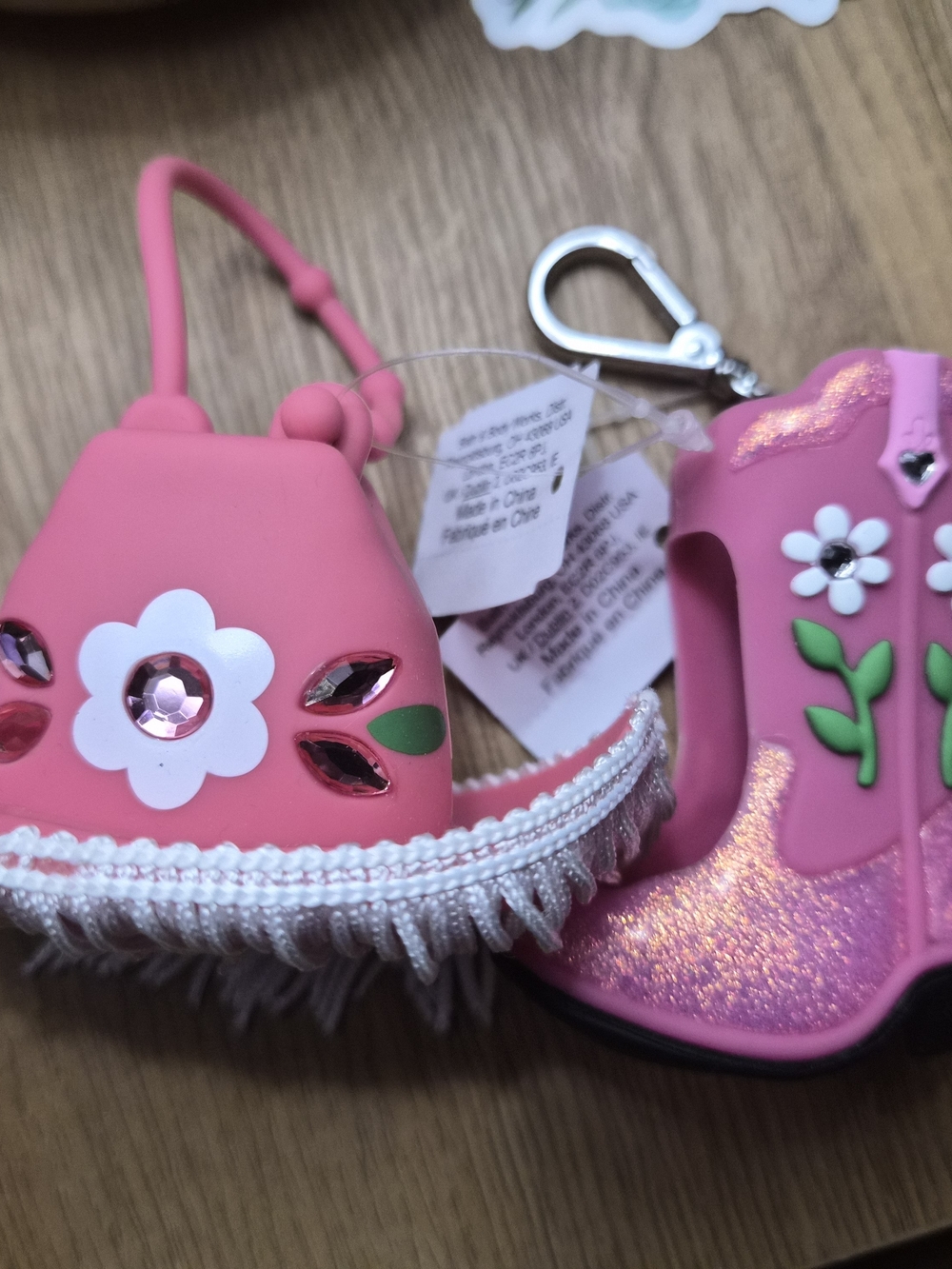 Bath & Body Works Pink Floral Boot AND Cowgir Hat Hand Sanitizer Holder Keychain